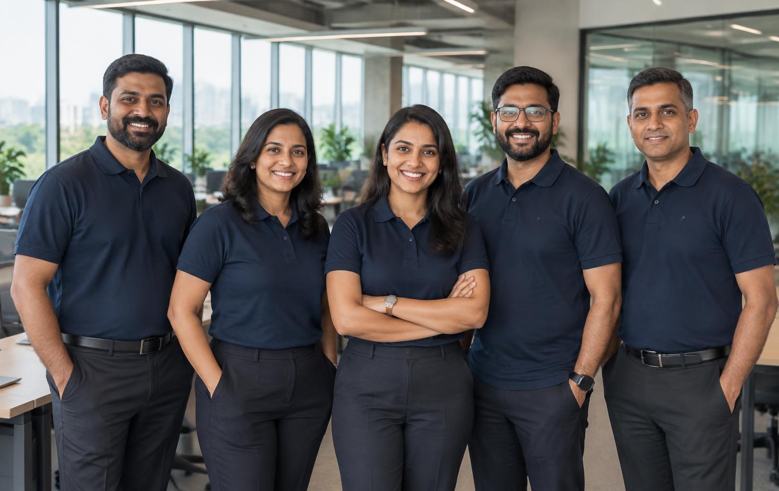 Indian office team wearing navy corporate polo shirts